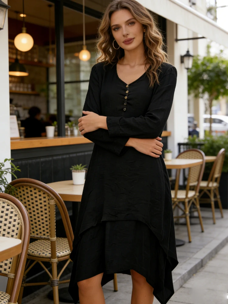 

Весенне-летнее женское платье больших размеров с V-образным вырезом, длинными рукавами, многослойное, с асимметричным подолом и пуговицами, повседневное миди-платье