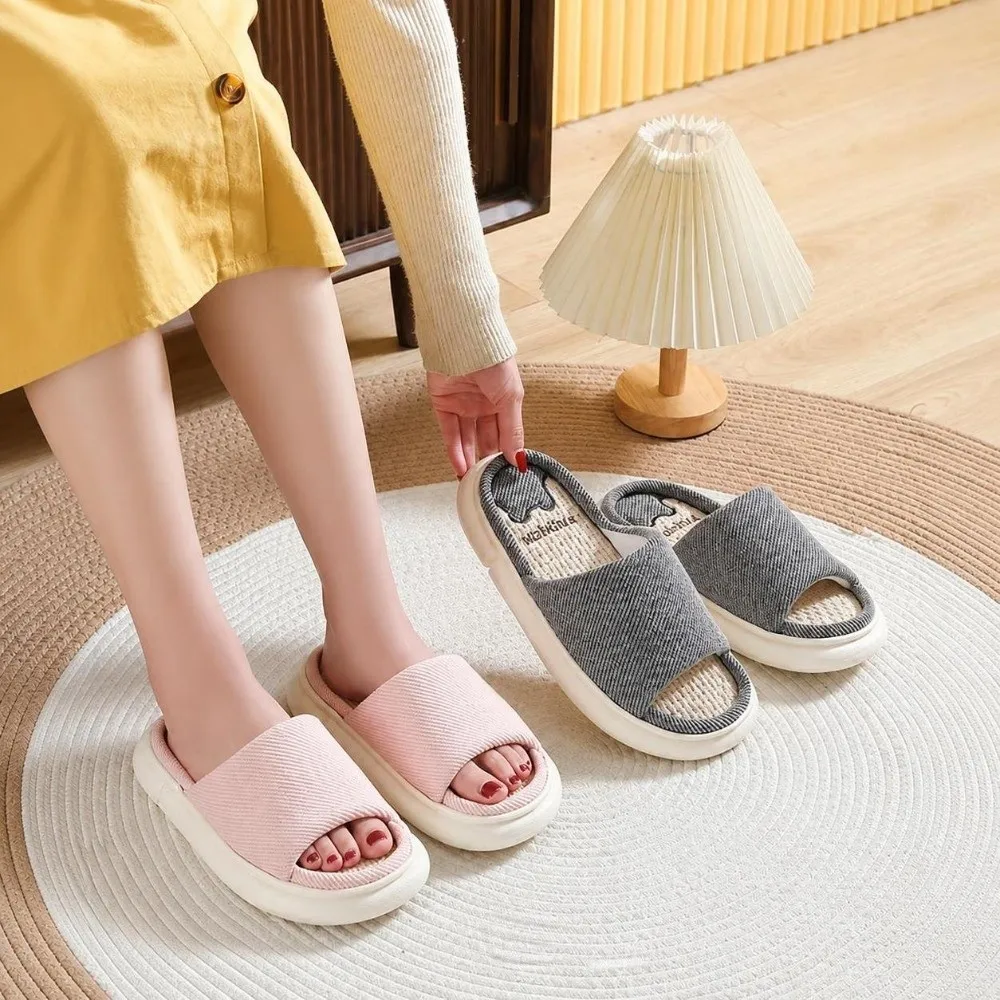 Breathable Women's Linen Slippers Sweat-wicking Comfortable Home Slippers Wear-resistant Anti-slip Soles Platform Slippers