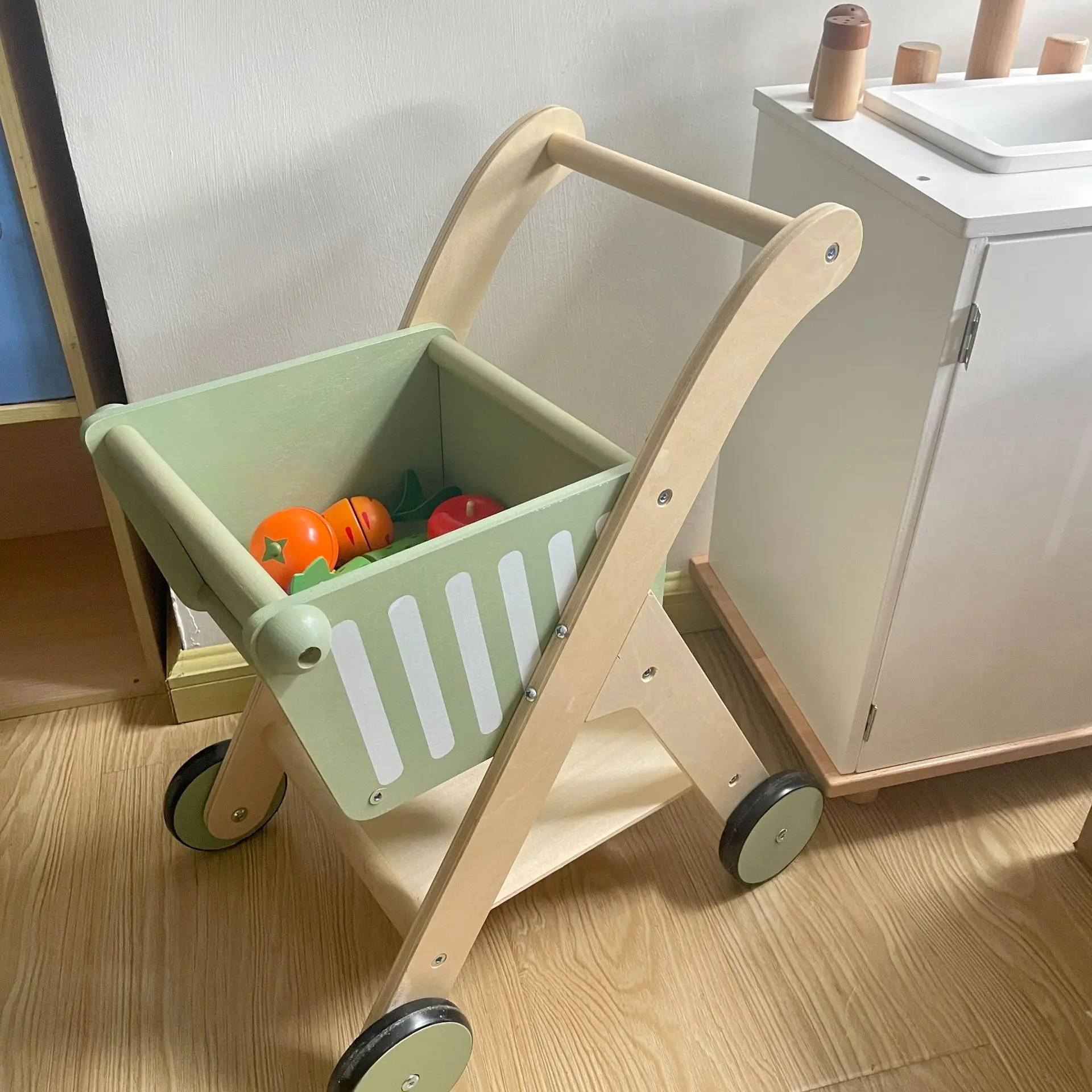 Kids Wooden Children's Simulated Shopping Cart Toy Girl Supermarket Cart House Baby Kitchen Toy Walker For Children