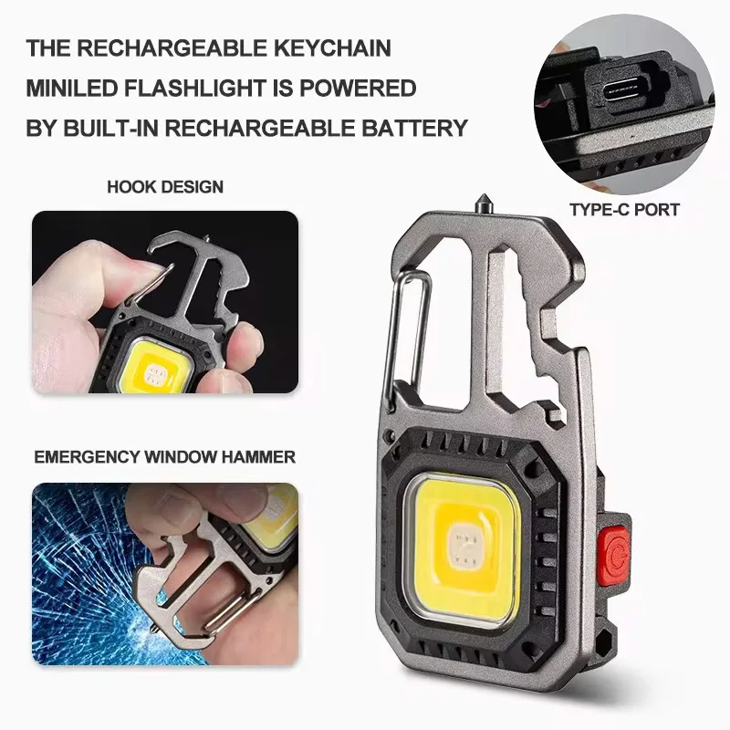 Mini LED Portable Keychain Flashlight Outdoor COB Work Light Emergency Lighting Window Hammer Bottle Opener Portable Flashlight