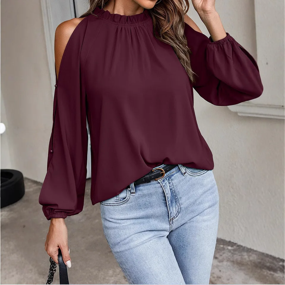 New Women's Clothing in Clean Color with Lotus Leaf Half High Neck Long Sleeves with Pleated Design Exposed Shoulders Shirts