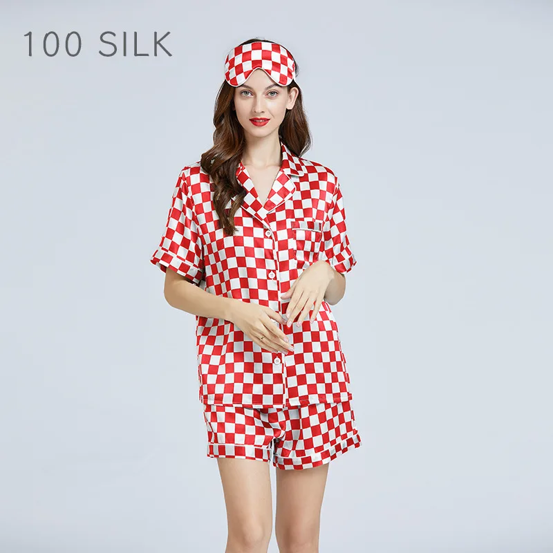 

Short Sleeve 19MM 100% Silk Pajamas French Plaid Pajama Women's Suit Casual Breathable Button Top & Shorts Sleepwear Loungewear