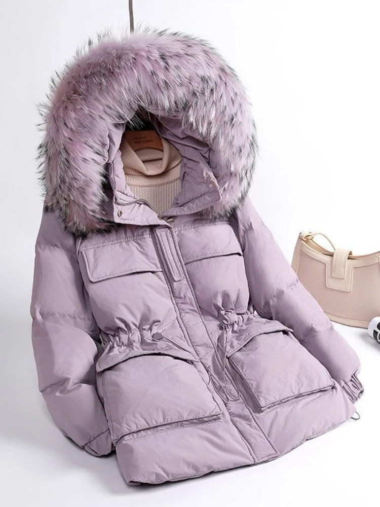 

Large Real Raccoon Fur Hooded Winter Down Coat 90% Duck Down Jacket Women Short Female Puffer Feather Waterproof Parkas