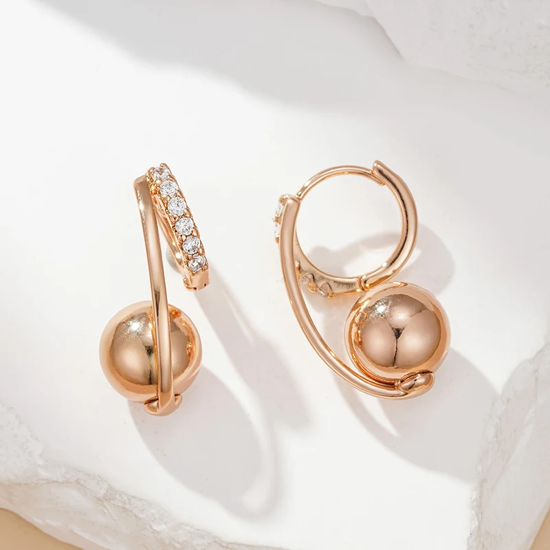 Wbmqda Unique Metal Ball Drop Earrings For Women 585 Rose Gold Color With White Natural Zircon Fashion Daily Party Jewelry Gifts