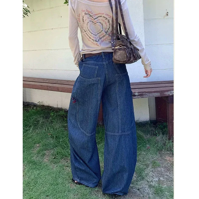 Damskie jeansy w stylu Y2K z szerokimi nogawkami, w paski, vintage, na jesień 2025, Harajuku, spodnie dżinsowe, japońskie, oversize, boyfriend, cargo, lata 2000, lata 90.