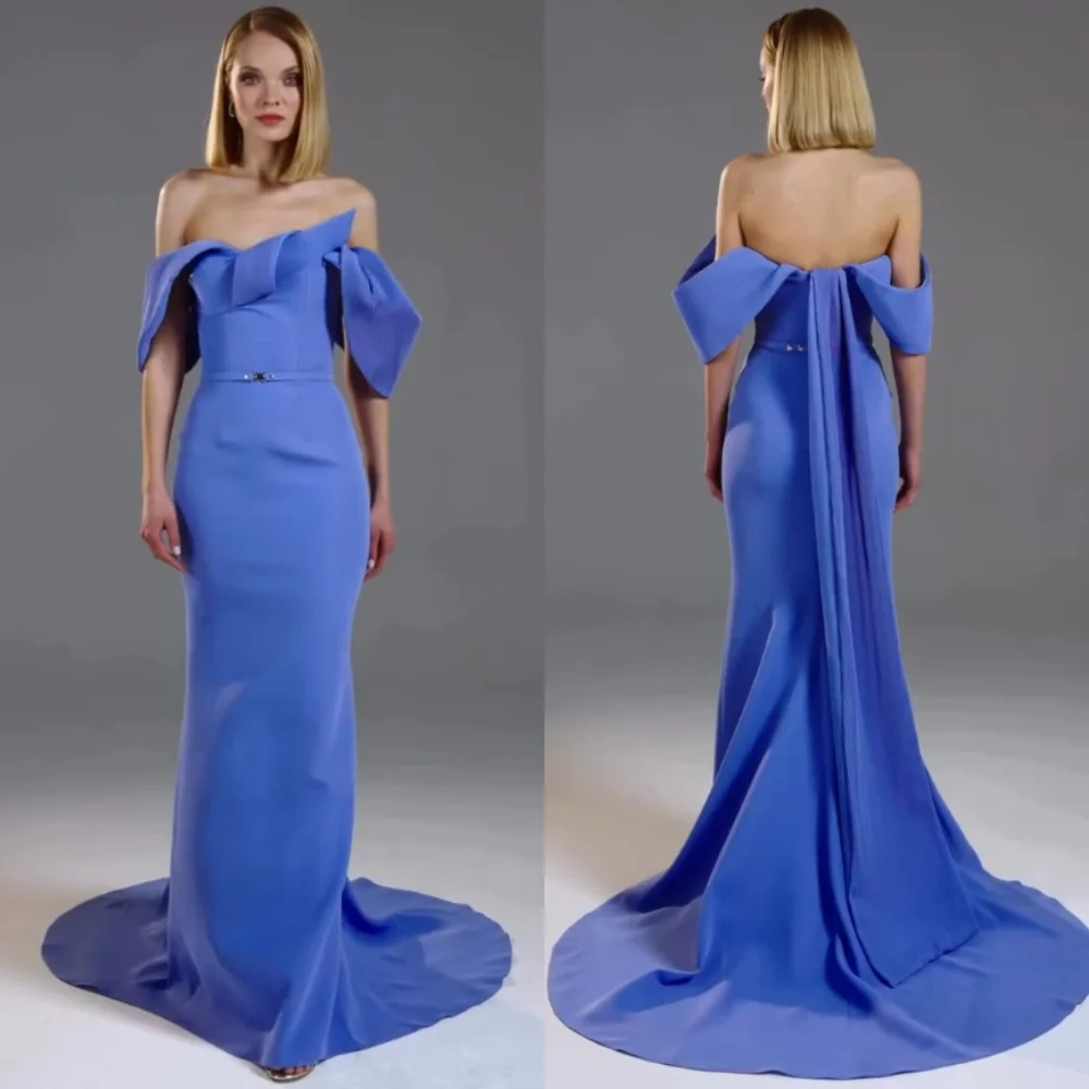 

Customized Pastrol Unisex Jersey Sash Pleat A-line Off-the-shoulder Long Dresses Bespoke Occasion Simple