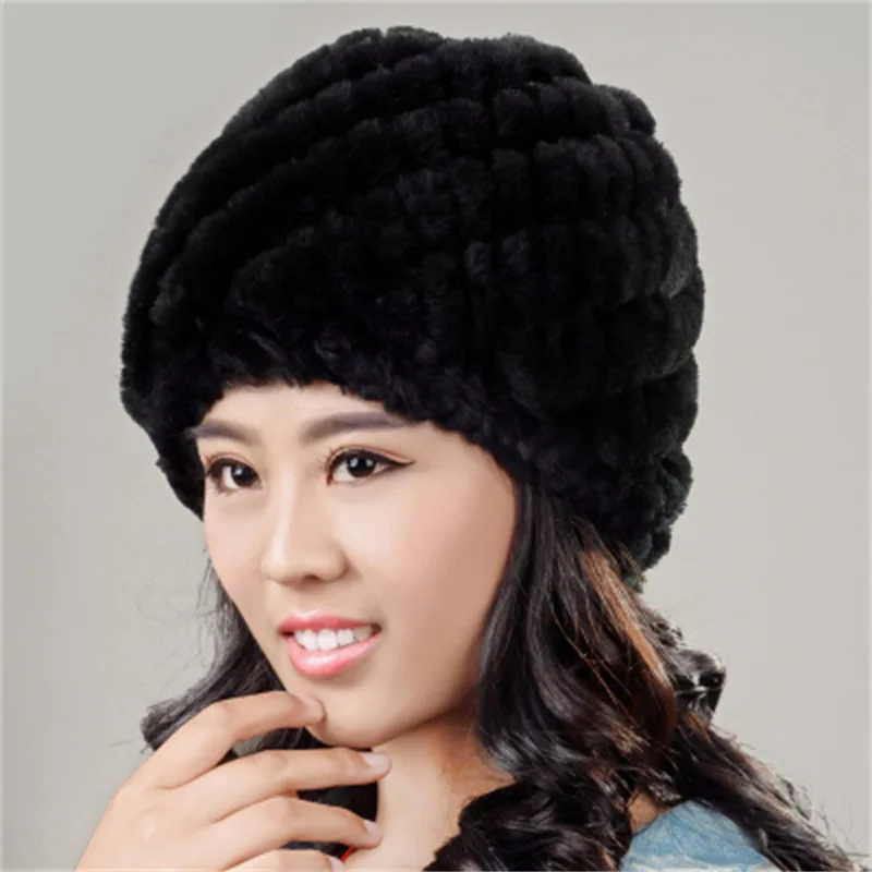 Women\'s Winter Real Natural Rex Rabbit Fur Hat Ladies Elastic Warm Hand Knitted Beanie Hat Russia Hot Sale