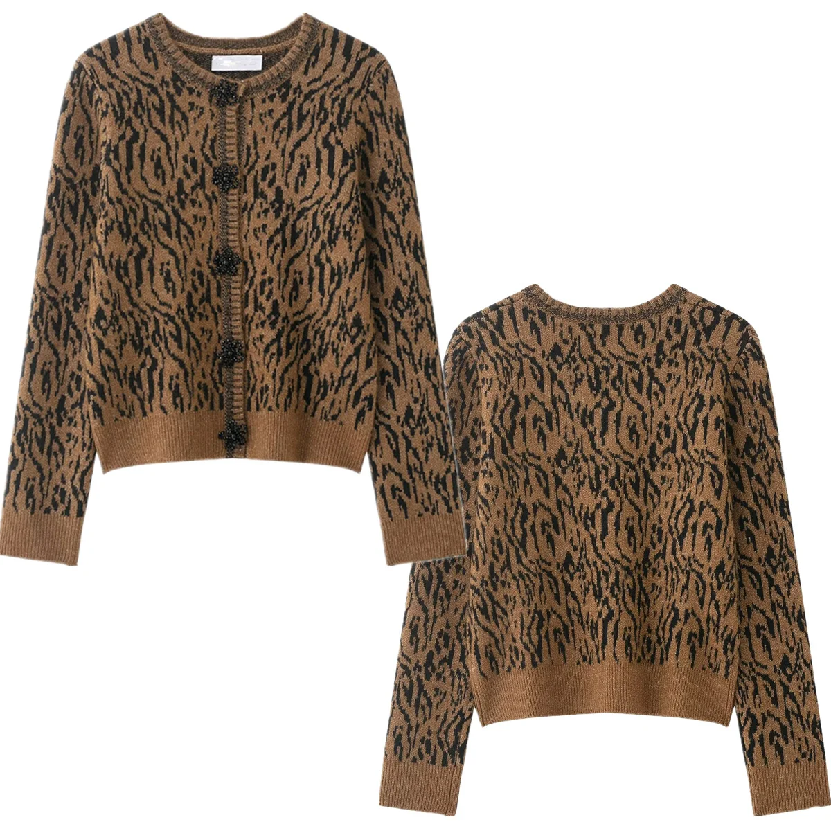 

Jenny&Dave Fashion ladies Singe Breasted Leopard Jacquard Knitted Cardigan Jacket Tops Women's Sweater Knitwear Woman Clothing