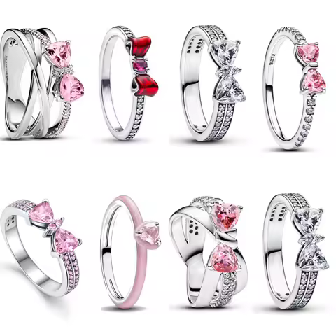 New 925 Sterling Silver Red Pink Bow Zircon Oxide Enamel Heart Love Ring Wedding Rings Fashion Fine Jewelry For Women Gifts