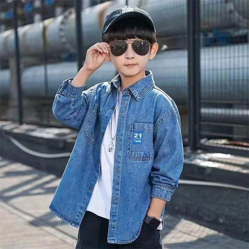

Boys' Premium Denim Shirt Spring Autumn Korean Style Stylish Jacket for Medium Large Kids Breathable Versatile Outdoor Wear