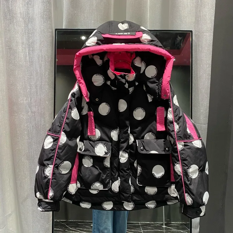 Korean Version of Fashion Printing Polka Dot Polka Dot Down Jacket Women' Winter Thickened Thin White Duck Down Jacket Exquisite