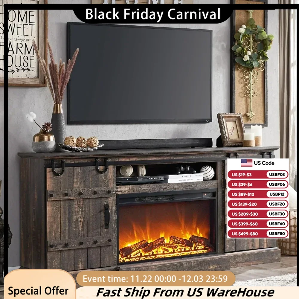 Fireplace TV Stand 75 80 Inch TV, Farmhouse Entertainment Center with Sliding Barn Door, Living Room Storage Cabinet, Dark Oak