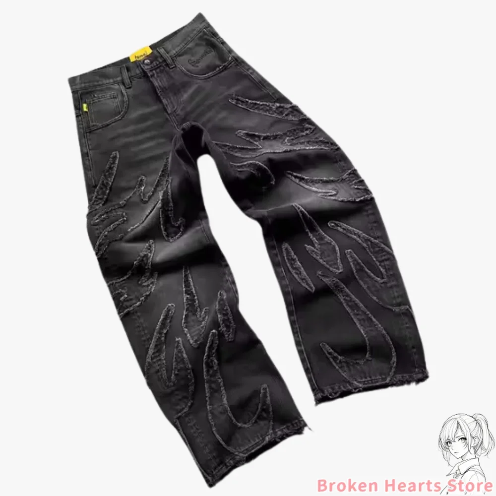 Pantalones vaqueros lavados rasgados con grabado primal pesado para hombre, pantalones Y2k, ropa de calle, pantalones de chándal holgados de