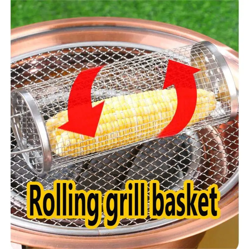 Rolling Bbq Basket- Greatest Grilling Basket Ever, Round Stainless Steel Grill Mesh, Camping Barbecue Rack for Vegetables,Fish