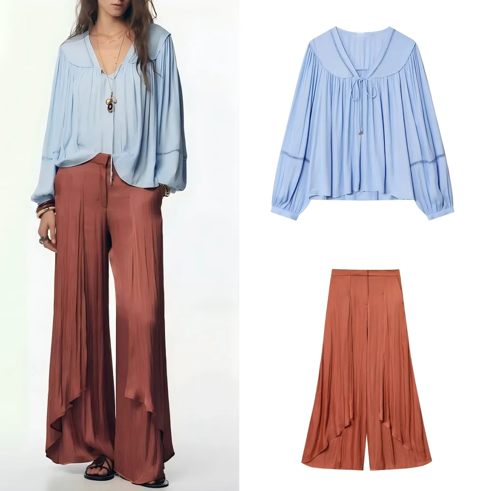 

Women's new fashion vertical lace decoration casual pleated shirt retro long sleeved lace up women's shirt chic top+Pants suit