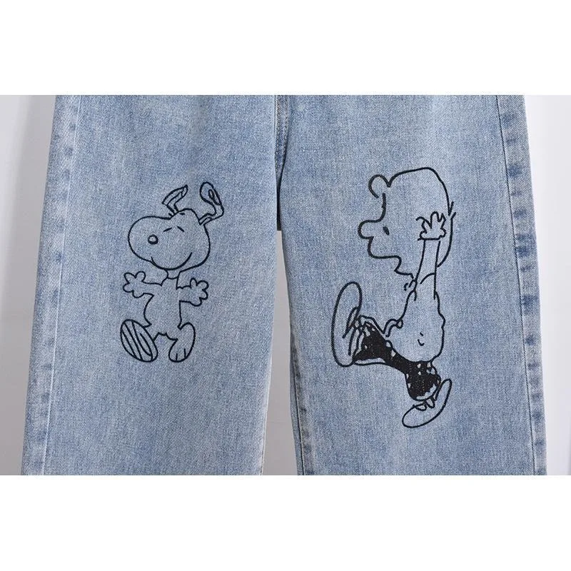 Kawaii Snoopy cartoon printed wide leg jeans for women autumn new high waist loose straight trousers surprise gift wholesale