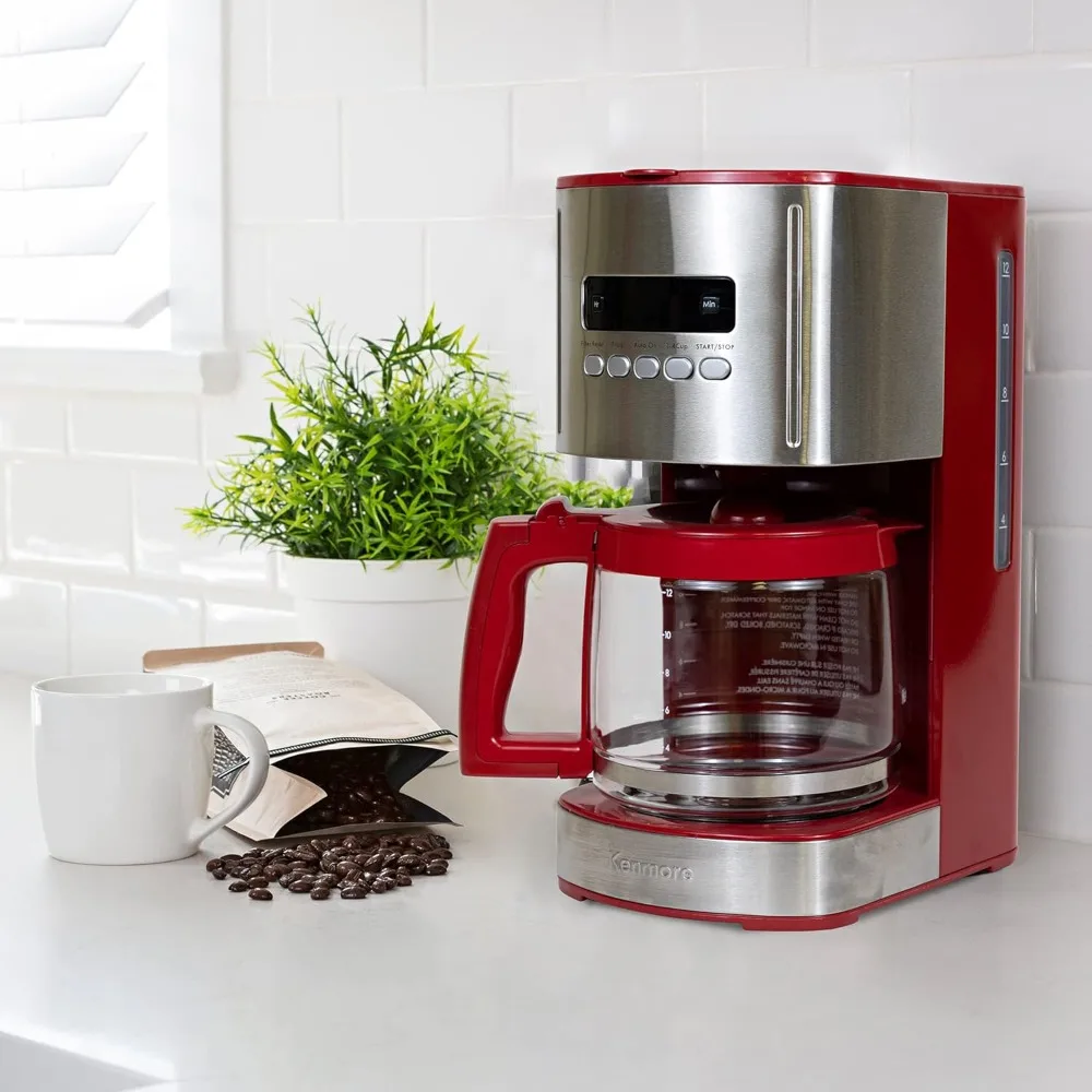 Aroma Control 12-cup Programmable Coffee Maker, Red and Stainless Steel Drip Coffee Machine, Glass Carafe