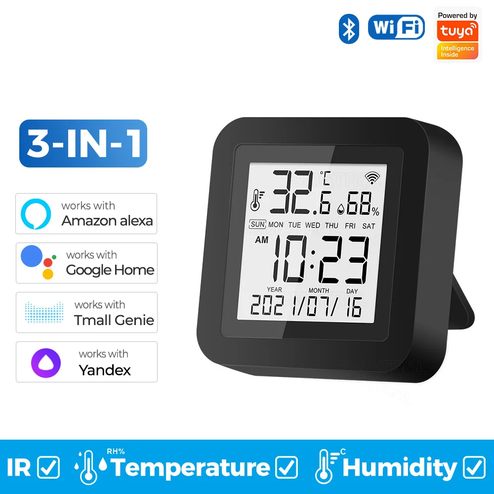 Tuya-Sensor inteligente de temperatura y humedad para el hogar, higrómetro con Control remoto Universal, infrarrojo IR, 3 en 1, WIFI, LCD