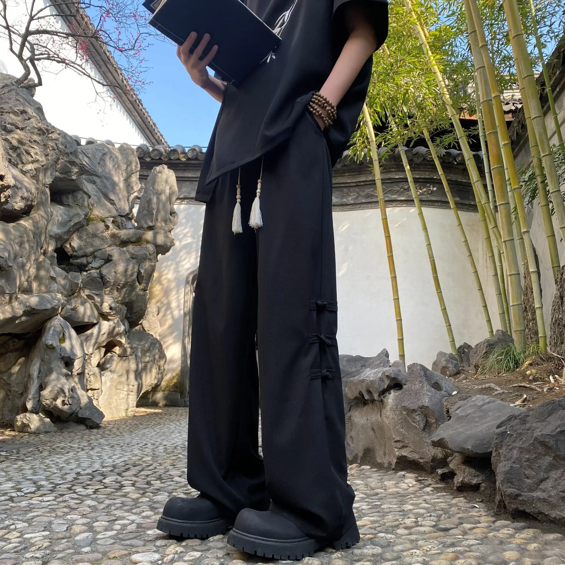 New Chinese style disc button pants men's summer new high-grade sag loose straight wide leg casual pants