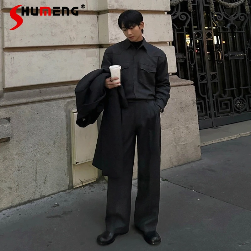 

2026 Spring New Men's Chic 2pcs Long Sleeve Tooling Shirt Jackets Men's Warm Straight Comfort Suit Pants Fashion Two-Piece Sets