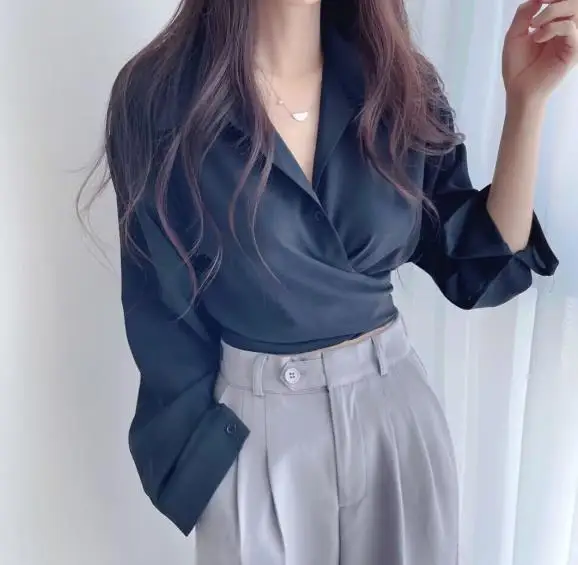 

Весенне-осенняя короткая рубашка с воротником на талии для женщин с элегантной и модной корейской рубашкой с длинным рукавом для поездок на работу