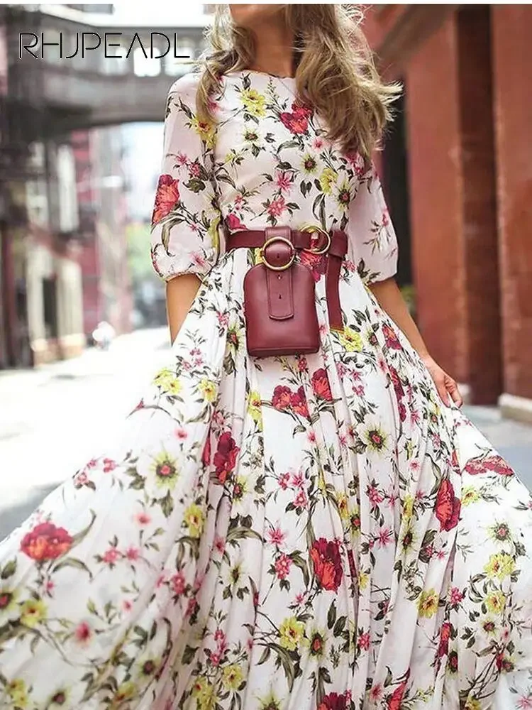 Spring Elegant Floral Print Maxi Dress Women Casual 3/4 Sleeves O-neck Slim Boho Party Long Dresses Robe Femme Beltless