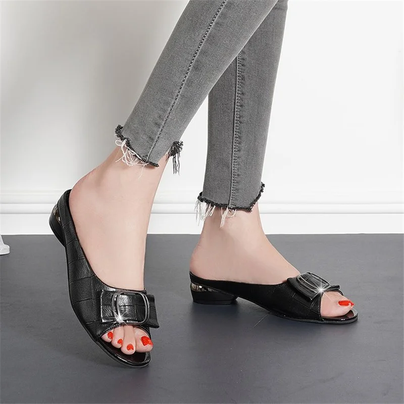 Summer Women Shoes Solid Color Casual Slippers Woman Fashion Chunky Heel Shallow High Heels Outside Open Toe Modern Ladies Shoes