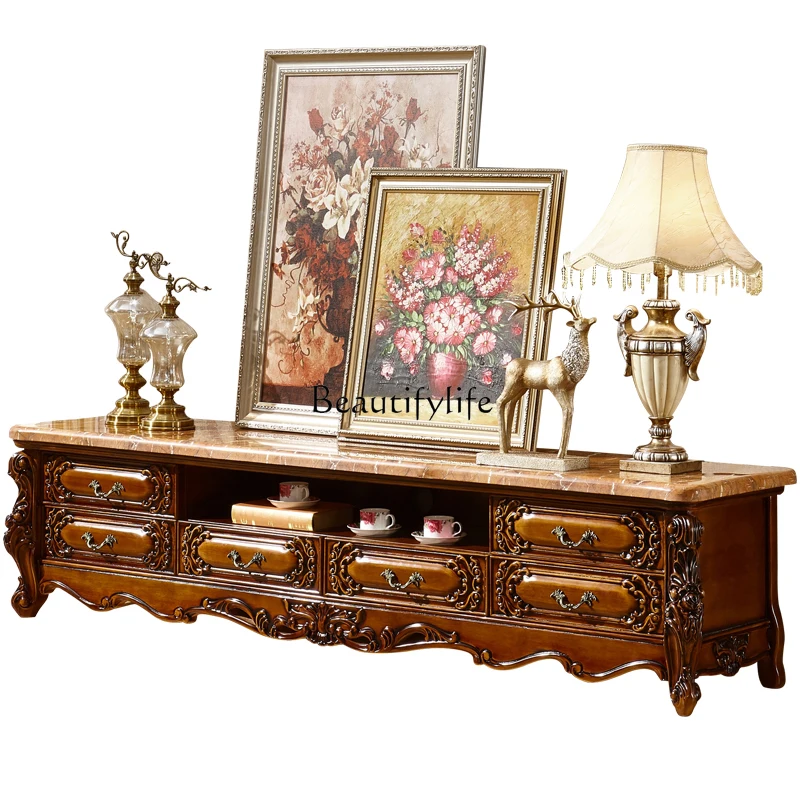 

European-style TV Cabinet Full Solid Wood Carved Neoclassical Painted Marble TV Floor Cabinet