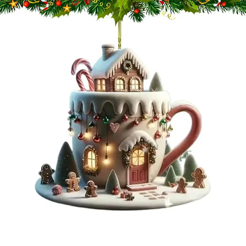 Coffee Cup Christmas Ornament Acrylic Coffee Cup Snow House Car Pendant Delicate Exquisite Home Car Hangings For Festival party