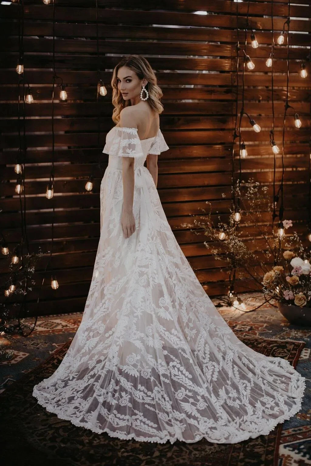 Gaun pernikahan Boho gaun pengantin Bohemian renda Tulle bahu terbuka A-line gaun pengantin gaun pengantin