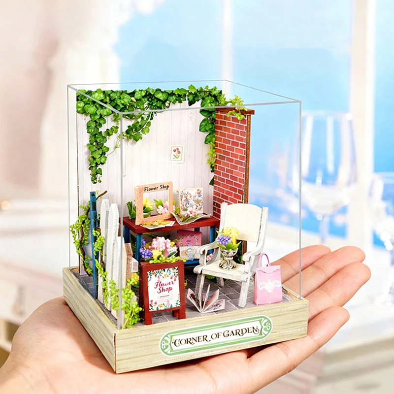 Kits de modelos en miniatura de madera DIY, Mini Casa de esquina de jardín, rompecabezas 3D, casas de muñecas con muebles ligeros para amigos, regalos de cumpleaños