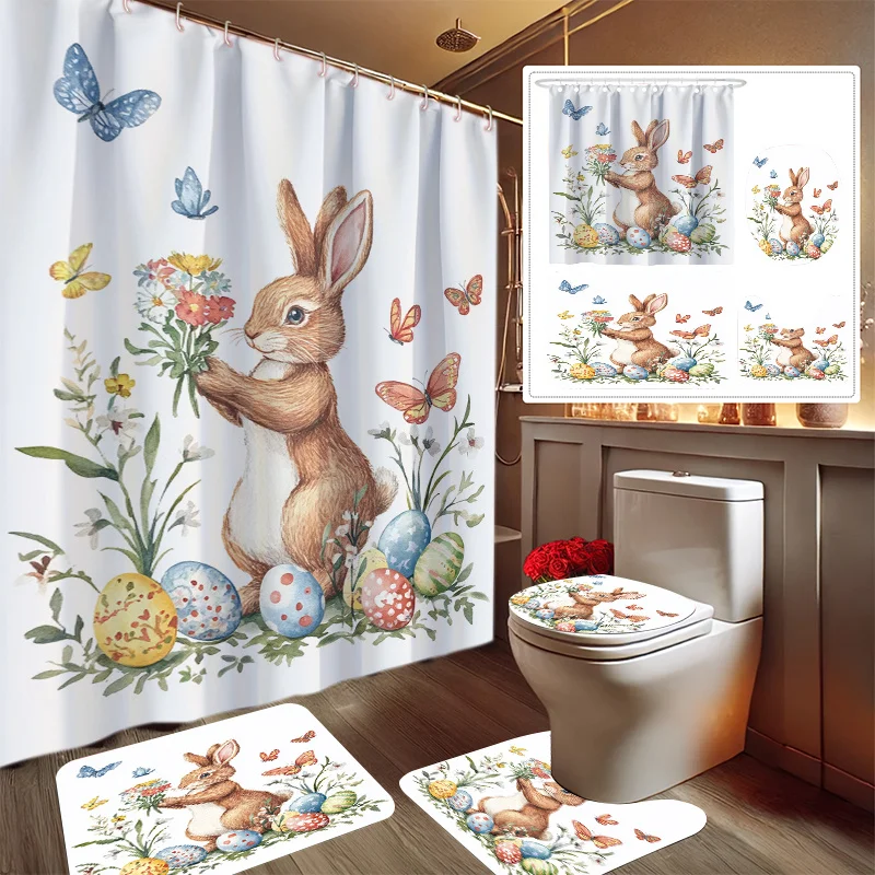 

4pcs Easter Bunny Egg Print Shower Curtain Set, Bathroom Decor Kit Includes Printed Shower Curtain, Non-Slip Bath Mat, Toilet