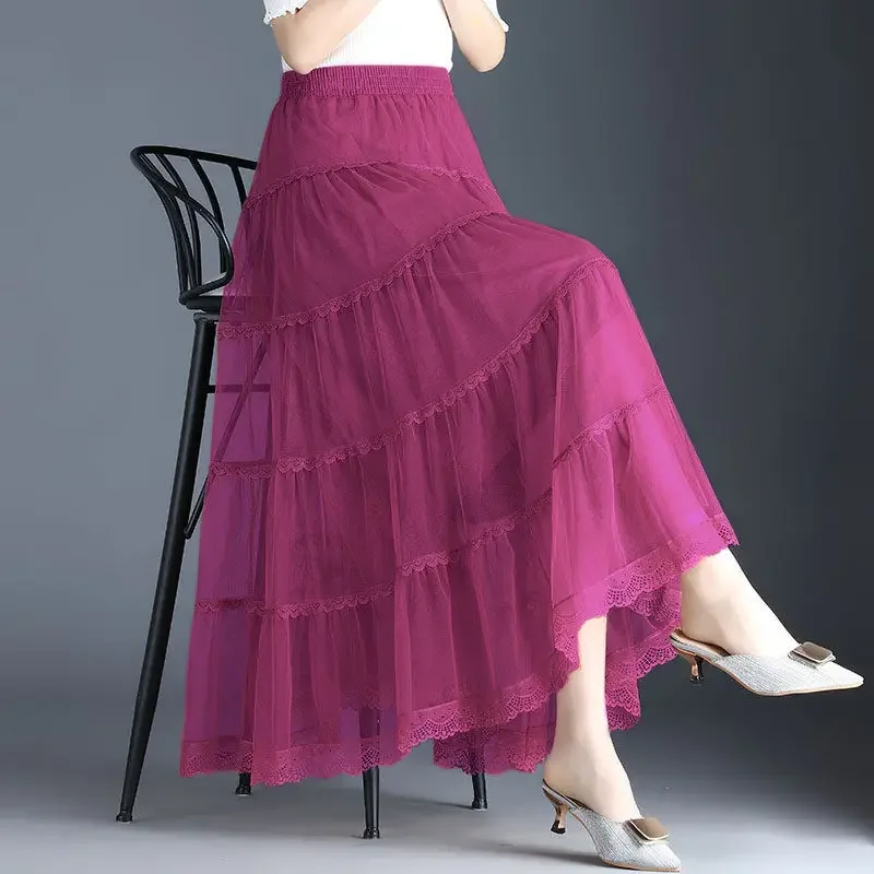 

Three-layer Big Swing Gauze Skirt Women's Spring and Summer New Solid Long Skirt A-line Pleated Cake Skirt