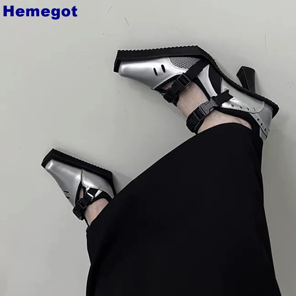 Thick Sole Pointed Toe Pumps 2024 Summer New Buckle Silver Cool Girl High Heel Sports Casual Thick Heel Street Style Pumps