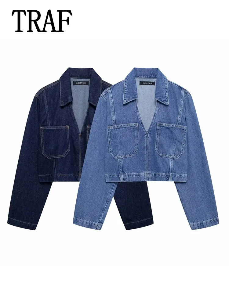 TRAF 2024 Fashion Women's Denim Shirt Cropped Jacket Long Sleeve Short Jackets for Women Coat Fashion Streetwear New Outerwear