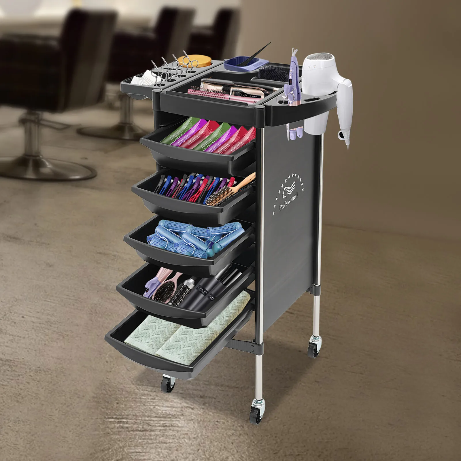 6-stufiger Salonwagen mit 5 Schubladen, langlebiger mobiles Design aus Edelstahl, platzsparend, für Friseur- und Schönheitsbedarf