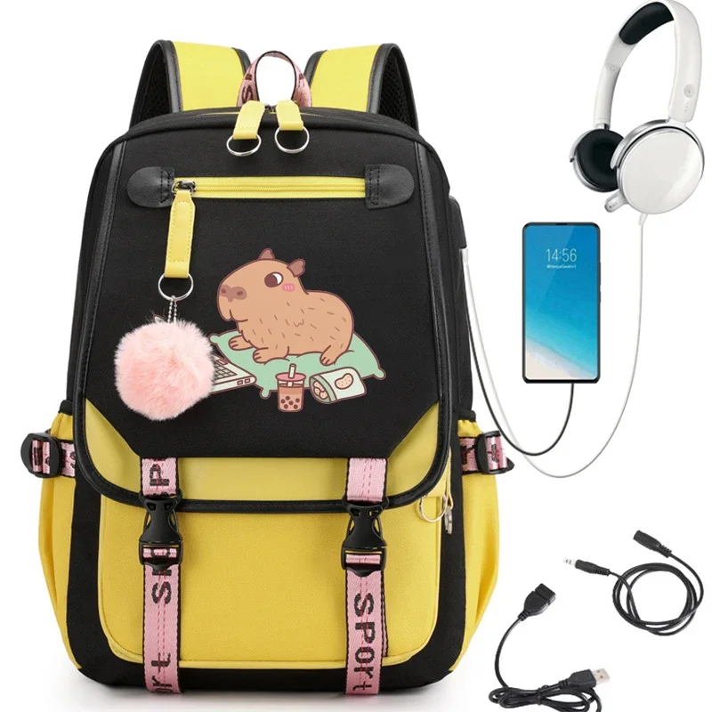 New College Students Backpack Trendy Girls Laptop School Bags Cute Chilling Capybara with Laptop and Snacks Girl Travel Book Bag