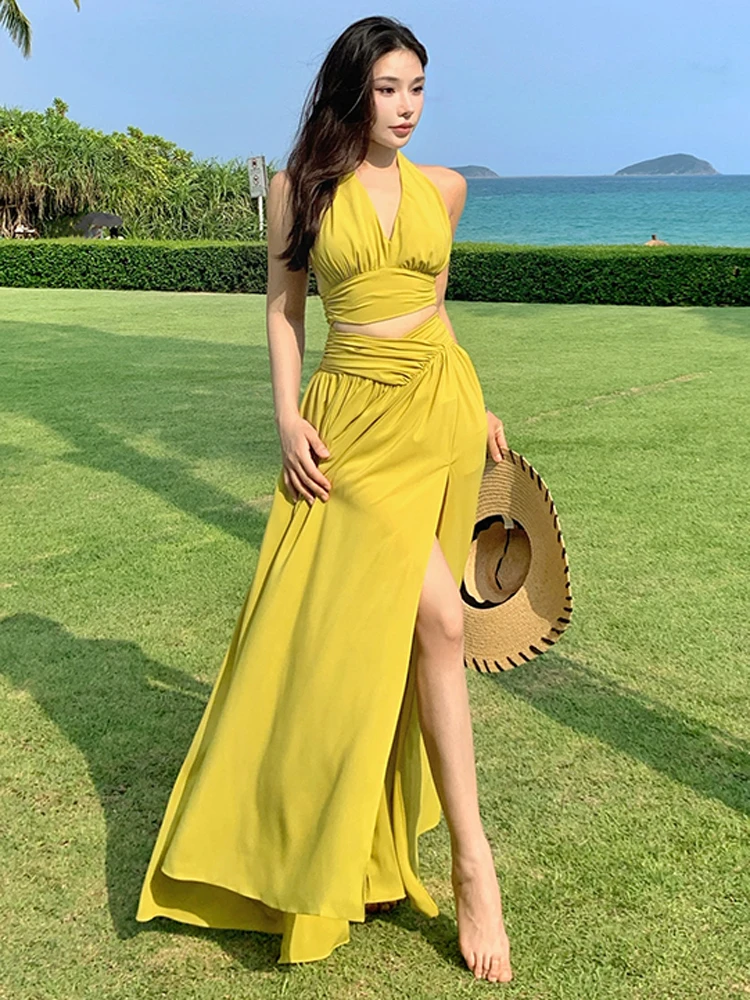 Boho Vacation Maxi Dress Summer Ladies Sexy scollo a V Backless femminile Hollow a vita alta Casual Split Beach Party Dress RObe