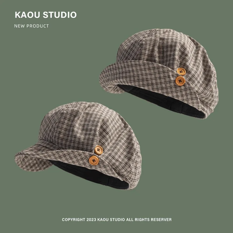 

Japanese Literary and Retro Plaid Button Decorative Beret Cap Women's Spring and Autumn Casual Versatile Octagonal Painter Hat