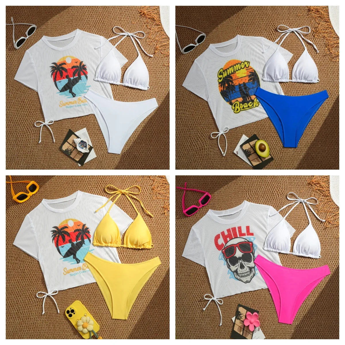 

Bathing Suit Women European And American Fashion Sexy Women's Swimsuit Split Strip Print Gauze Summer Beach Bikini