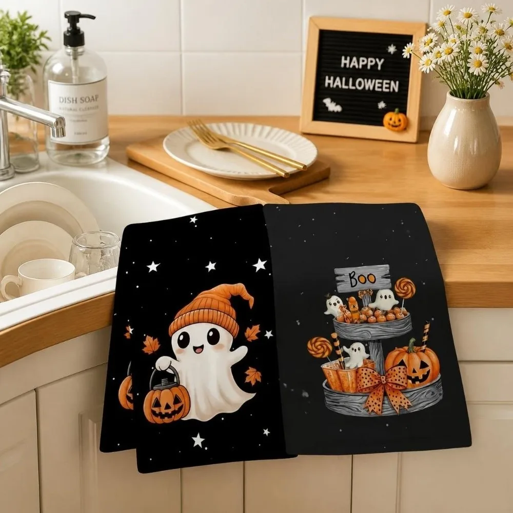 2 pcs Halloween Decor Ghost Halloween Dish Towels Cat Strong Absorbent Hand Towel Funny Pumpkin Dishcloth Kitchen