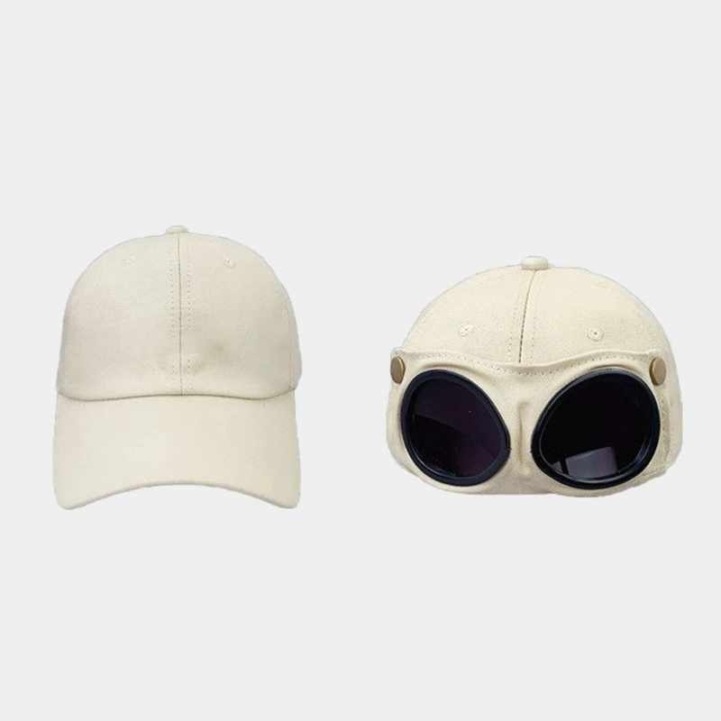 31BF 2Pcs Arched-Bill Baseball Cap Pair with Pilot-Style Eyewear, Pointed-Ear Accents, Embroidered Eyelets, and Stitched Panels