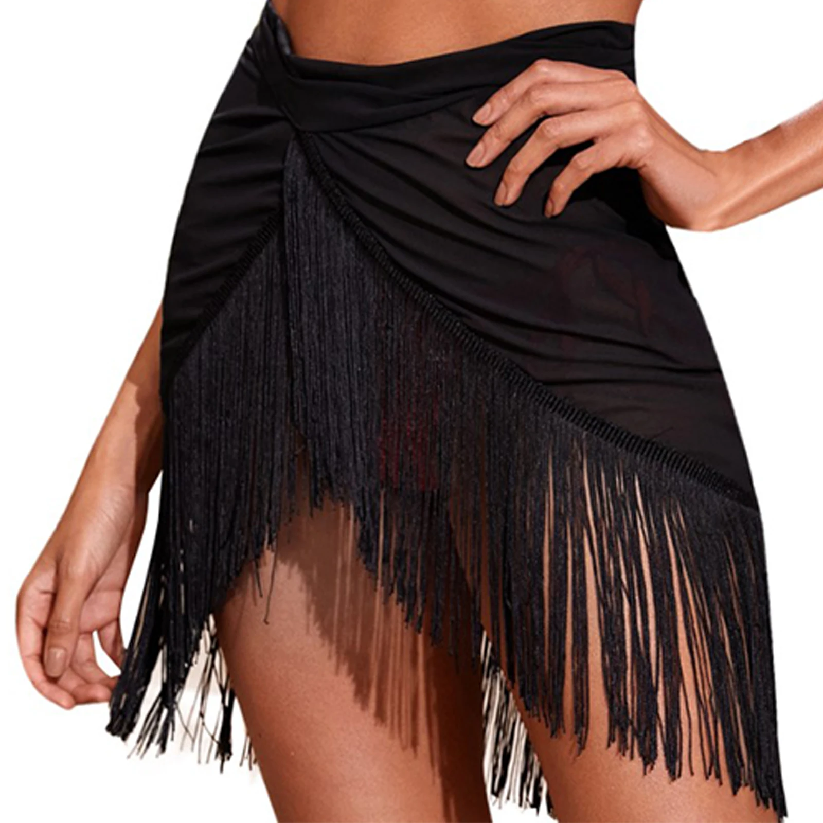 Womens See-through Tassel Skirt Lady Lace-up Solid Irregular Fringed Miniskirts Beachwear Swimwear Cover Ups Clubwear Nightwear