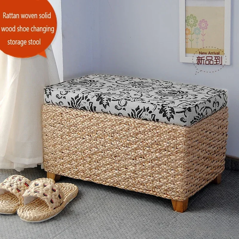 Furniture For Home Rattan Woven Solid Wood Shoe Changing Stool Storage Box Shoe Cabinet Box Storage Pouf Stool Scandinavian Styl