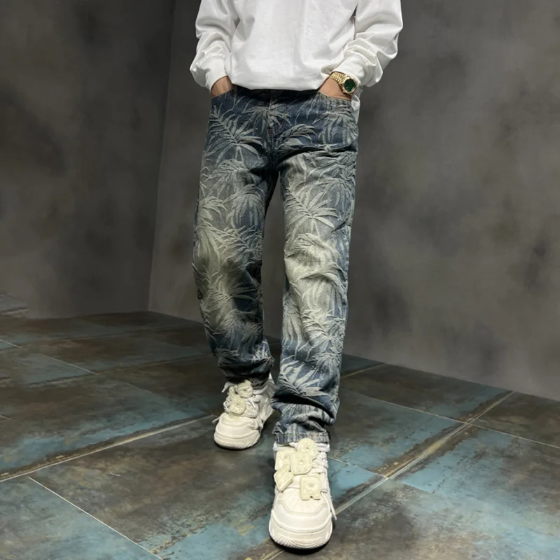 New style jeans men loose fitting comfortable straight tube fashion printing casual trendy brand wide leg hip-hop denim pants