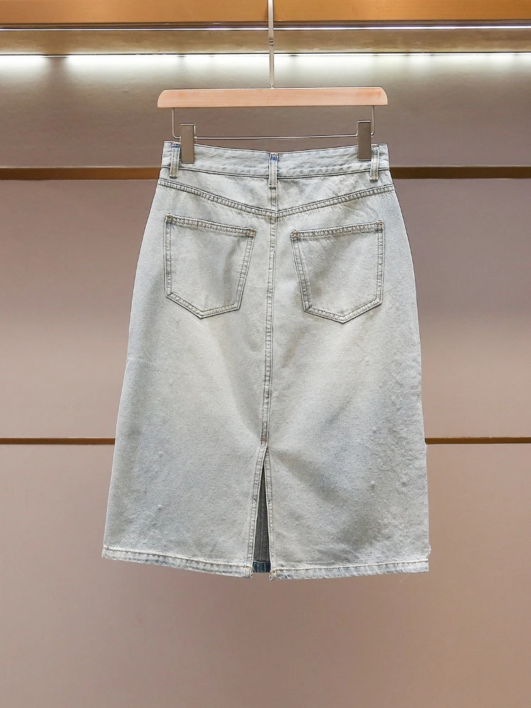 High End Women's Summer New Style French Fashion Design with Lace Embroidery and Washed Denim Skirt