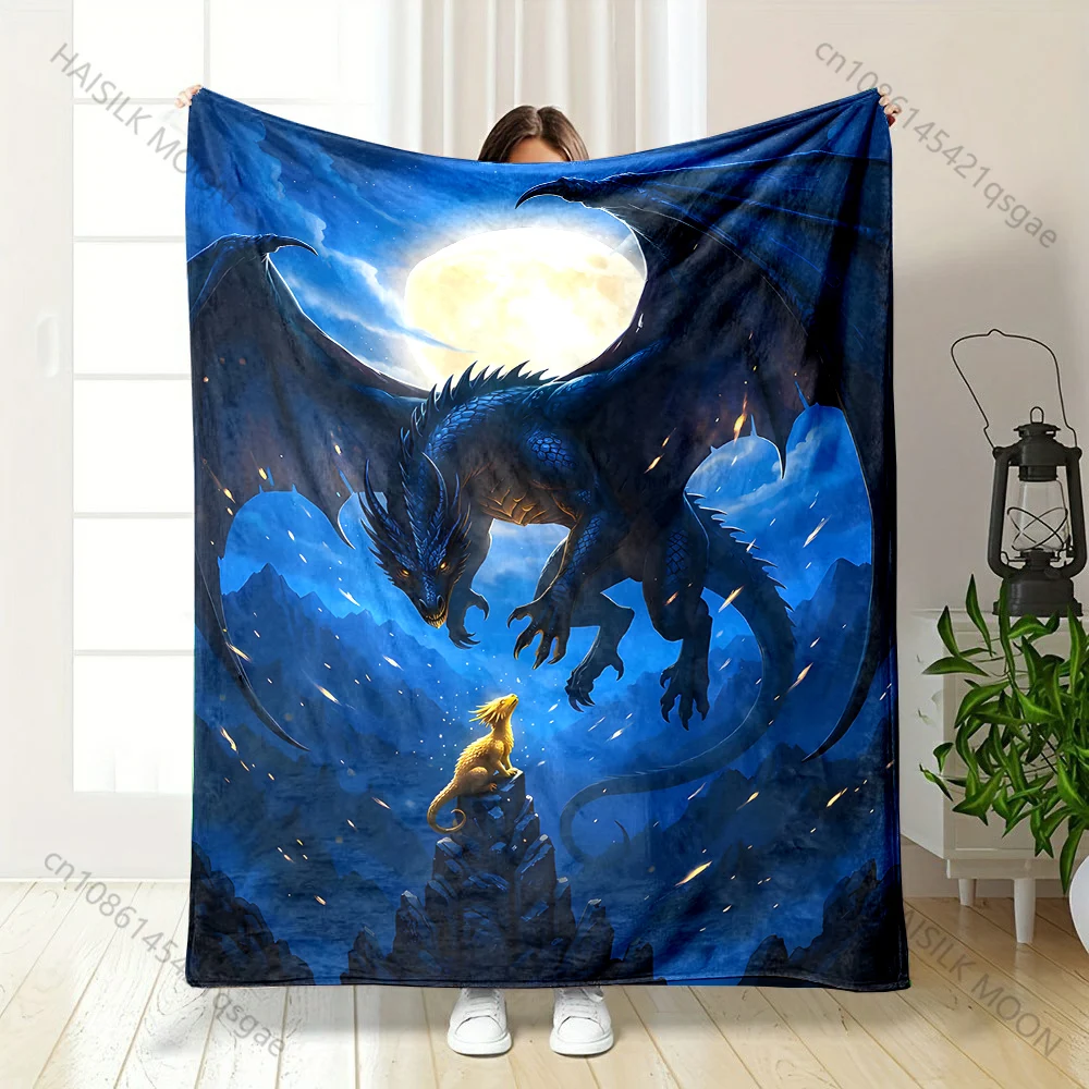 Moonlit dragon over golden hatchling Print Blanket Warm Soft Fluffy Kids and Adult Sofa Bed Throw Outdoor Travel Camping RV
