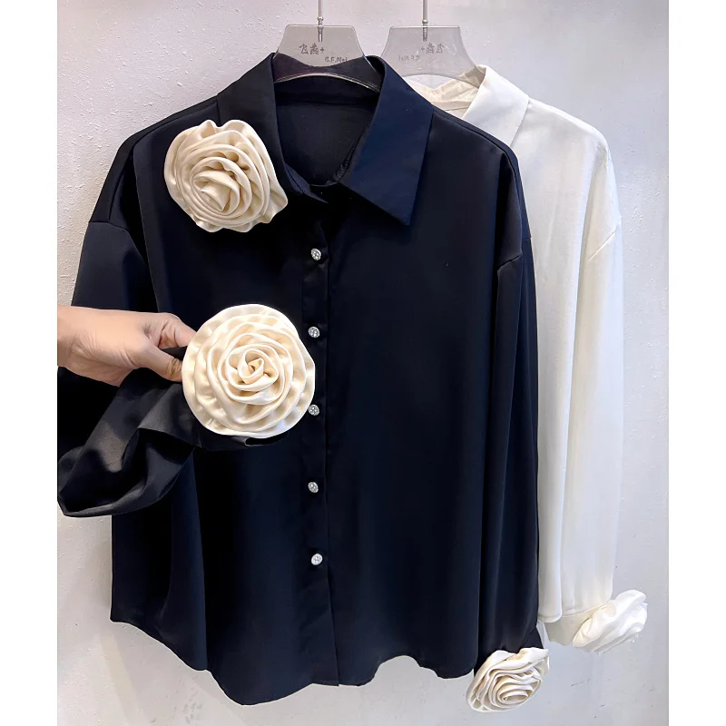 

SuperAen Korean Style Three-dimensional Flower Stitching Long-sleeved Shirt 2024 Spring and Autumn New Casual Shirt