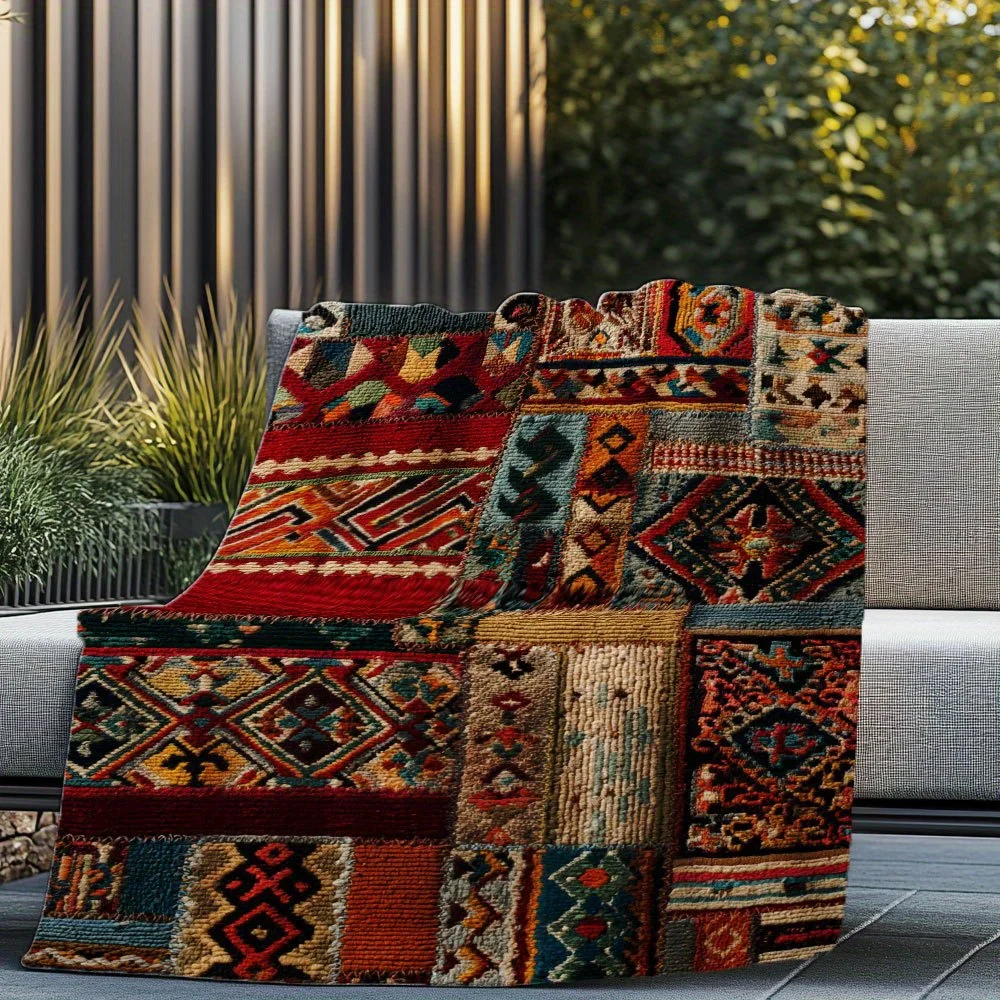 Vintage Geometric Pattern Cozy Throw Blanket, Retro Boho Art Couch Bed Warm Wrap for Nap, All Season Decor Gift