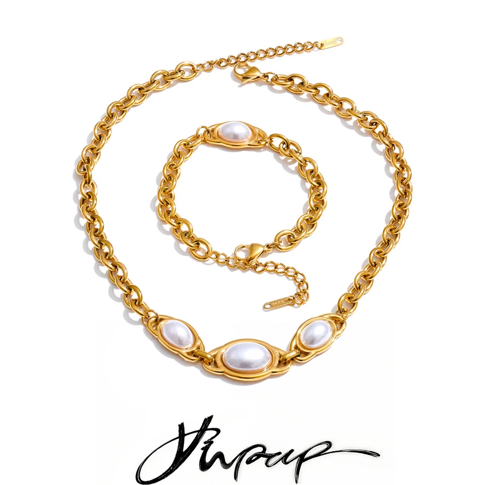 Yhpup Vintage Simulated Pearls Chain Necklace Bracelet Bangle Set 18K Golden Plated Chic New Jewelry Bijoux for Women Waterproof